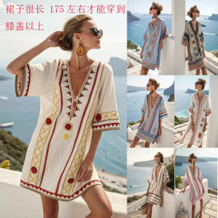 亚马逊女装 超仙V领海边度假沙滩裙印花宽松波西米亚连衣短裙Dress