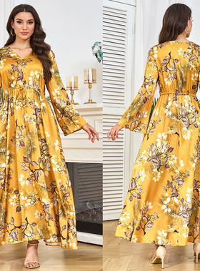 2025中东长袍新款印花欧美黄色收腰瘦身长袖大摆迪拜连衣裙Dress