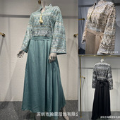 跨境中东重工亮片刺绣人造丝面料腰带流苏大码 长袍连衣裙Dress