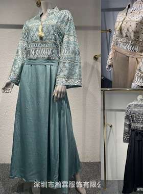 跨境中东重工亮片刺绣人造丝面料腰带流苏大码长袍连衣裙Dress