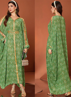 绿色雪纺印花拼接蕾丝珠绣蝙蝠袖腰带均码斗篷袍子长连衣裙Dress