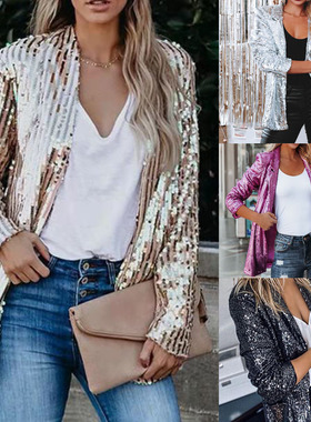 2022春新品时尚亮片翻领休闲西装外套女上衣长袖Sequined jacket