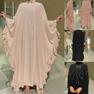 烫钻休闲宽松迪拜蝙蝠袖 荷叶边长袍连衣裙Dress 时尚 跨境中东女装