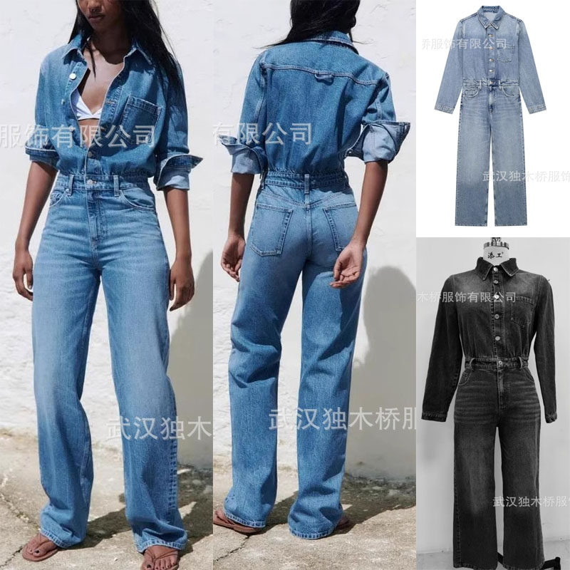 跨境春秋新款女装翻领单排扣口袋长袖牛仔长款修身连体裤jumpsuit