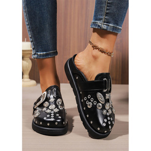 跨境外贸半拖女2026新英伦复古厚底铆钉包头平底穆勒鞋 flops Flip