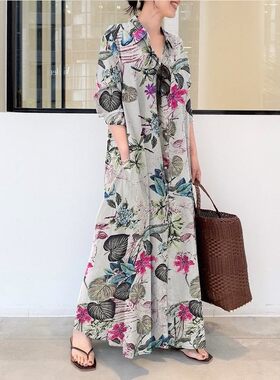 跨境印花日系大码衬衫连衣长裙