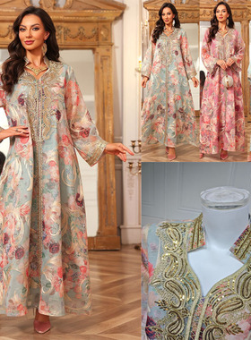 亚马逊跨境印花绣花套头长裙V领连衣裙长袍中东女装迪拜女装