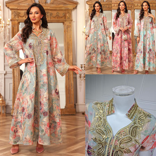 亚马逊跨境印花绣花套头长裙V领连衣裙长袍中东女装迪拜女装
