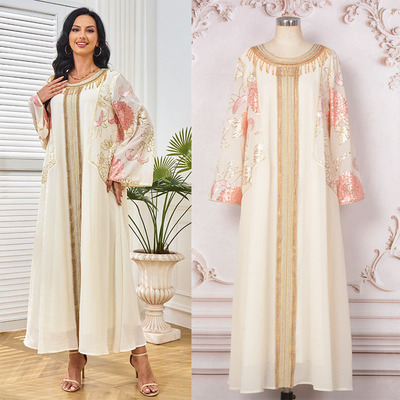 印尼圆领烫钻流苏拼接绣花连衣裙