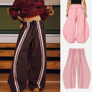 25欧美跨境休闲女街头系带宽松时尚 pants 条纹拼色阔腿镰刀拖地裤