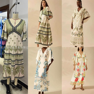 亚马逊度假2025夏季新款V领时尚宽松印花高腰长款连衣裙女Dress