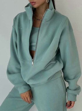 2022ebay春新欧美女新款时尚抓绒运动休闲衣裤两件套装Sport suit