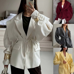 2026春新款跨境欧美时尚休闲百搭纯色西装领修身系带宽袖外套Coat
