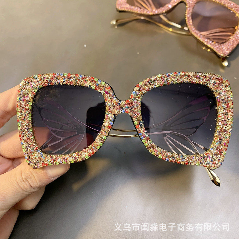 夸张镶闪钻大框显瘦金属蝴蝶形腿墨镜女潮时尚太阳眼镜Sunglasses