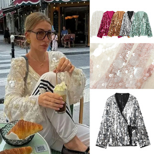 跨境欧美女速卖通时髦百搭和服式网纱亮片上衣外套夜店时尚Coat