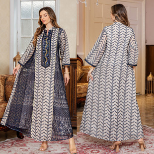 跨境网纱拼接刺绣长袍中东服饰迪拜节日女装珠片连衣长裙Dress