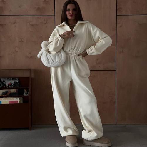 欧美秋冬女新时尚长袖休闲半开襟松紧腰连体长收口裤套装jumpsuit