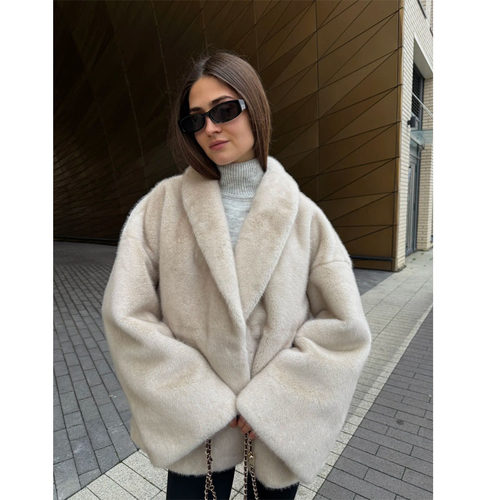 跨境青果领抽绳收腰仿皮草女外套