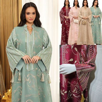 跨境中东A字流苏刺绣亮片连衣裙