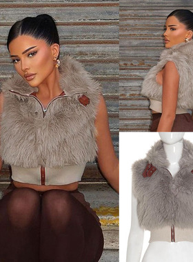 2026春秋新款金属皮带扣立领毛绒短款女修身背心拉链开衫马甲Vest