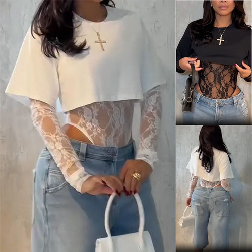 纯色圆领短袖T恤蕾丝连衣裤套装