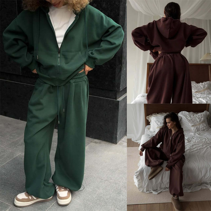 时尚欧美ins风女装休闲长袖连帽运动开衫长裤宽松两件套纯色suit