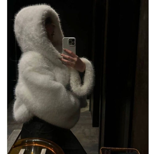 跨境仿皮草狐狸毛连帽保暖女外套