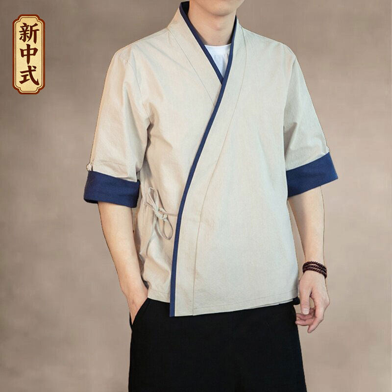 新中式男交领汉服五分袖禅茶服