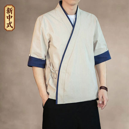 新中式交领汉服男五分袖系带开衫中国风右衽衬衫夏季中袖居士道袍