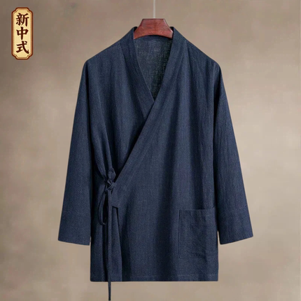中国风男士棉麻汉服麻布斜襟道袍休闲古风居士服禅修中式右衽大码