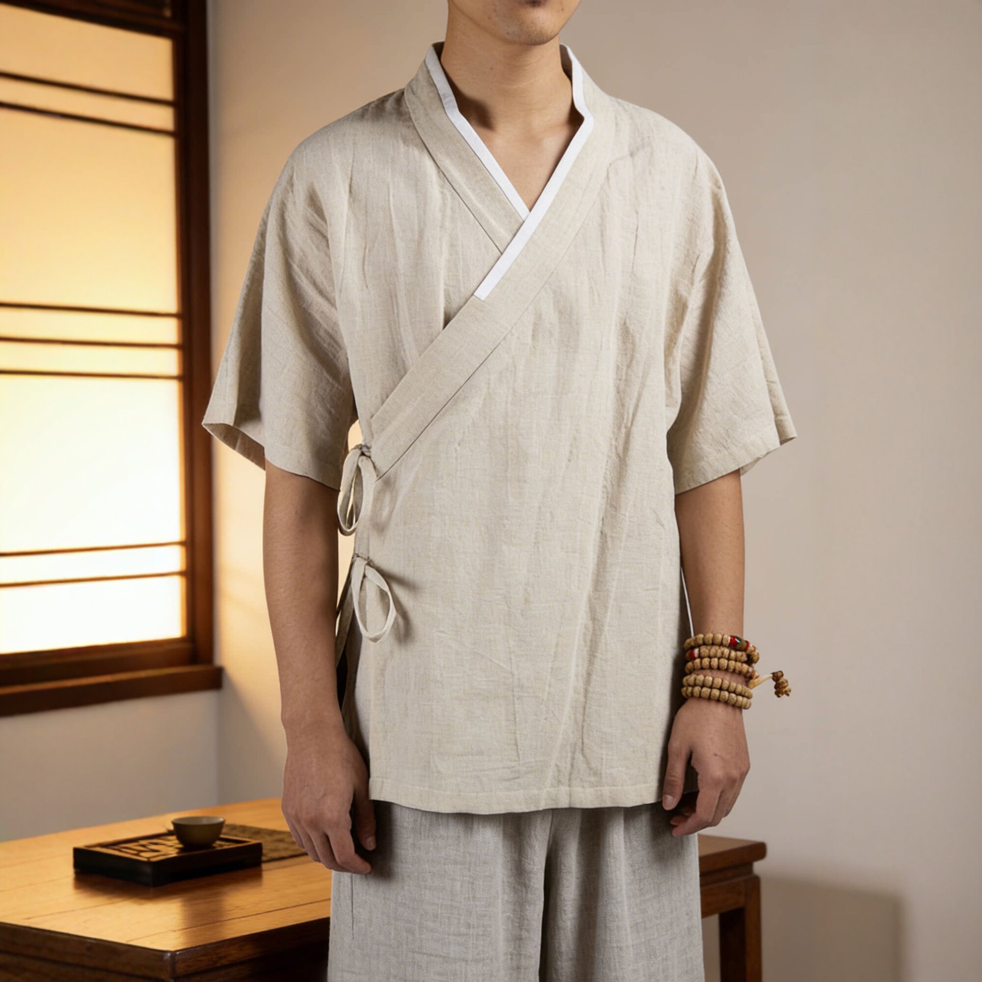 夏季棉麻男宽松斜襟短袖汉服