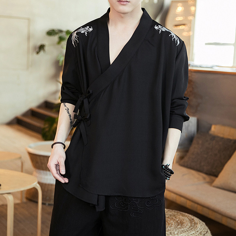 春夏薄款交领汉服男长袖刺绣仙气上衣中国风古装斜襟右衽道袍衬衫