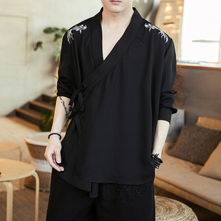 春夏薄款交领汉服男长袖刺绣仙气上衣中国风古装斜襟右衽道袍衬衫
