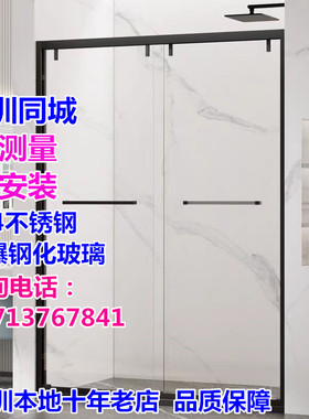 深圳定制黑色304不锈钢淋浴房 一字形双移门钢化玻璃隔断门浴室屏