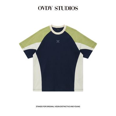 #OVDY 夏季撞色休闲百搭设计感美式拼接色刺绣落肩短袖T恤男女