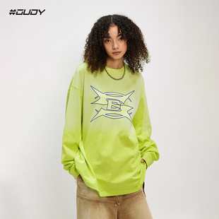 打底男 洗水做旧长t恤开裂印花渐变色复古街头长袖 OVDY 新品