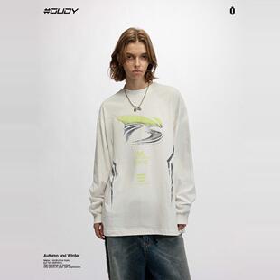 复古喷绘宽松上衣潮流女 t恤男秋季 OVDY官方国潮美式 高街印花长袖