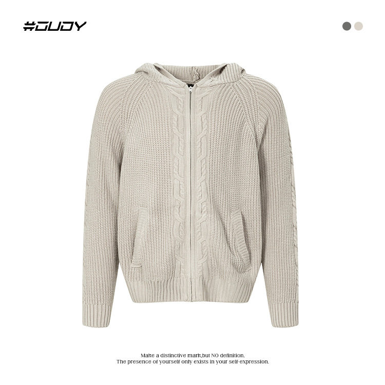 OVDY复古休闲松弛感连帽毛衣秋冬氛围感麻花纹感菱格拉链针织衫