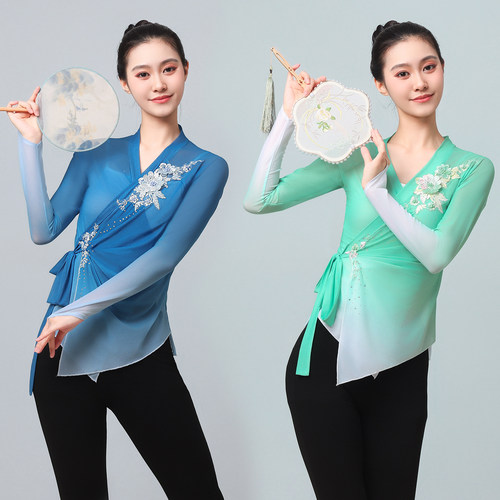 新款渐变V领系带刺绣古典舞服