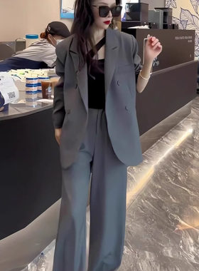 大码女装灰色西装阔腿裤套装春装