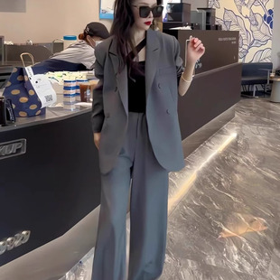 大码女装灰色西装阔腿裤套装春装新款胖mm韩版休闲显瘦小西服外套