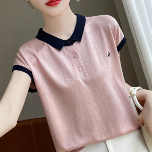 显瘦领刺绣上衣潮 撞色翻领针织短袖 女恤夏款 时尚 连肩小飞袖