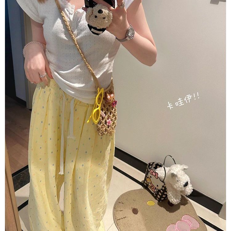 夏季速干宽松百搭直筒裤学生显瘦长裤甜妹多巴胺彩色波点休闲裤女