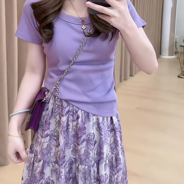 夏季爆款高级感洋气圆领短袖上衣女轻奢气质减龄碎花半身裙两件套