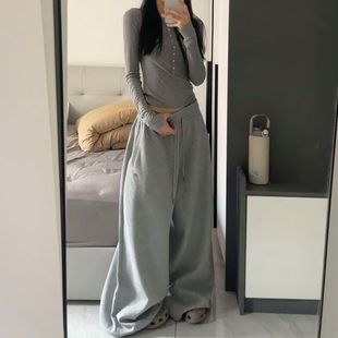 網紅復古慵懶風抽繩美式 女 闊腿寬松拖地嘻哈街舞休閑運動衛褲