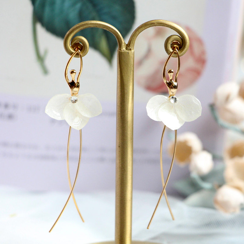 花水木木原创手作耳钉芭蕾舞少女耳饰真绣球花永生花饰品长款耳坠