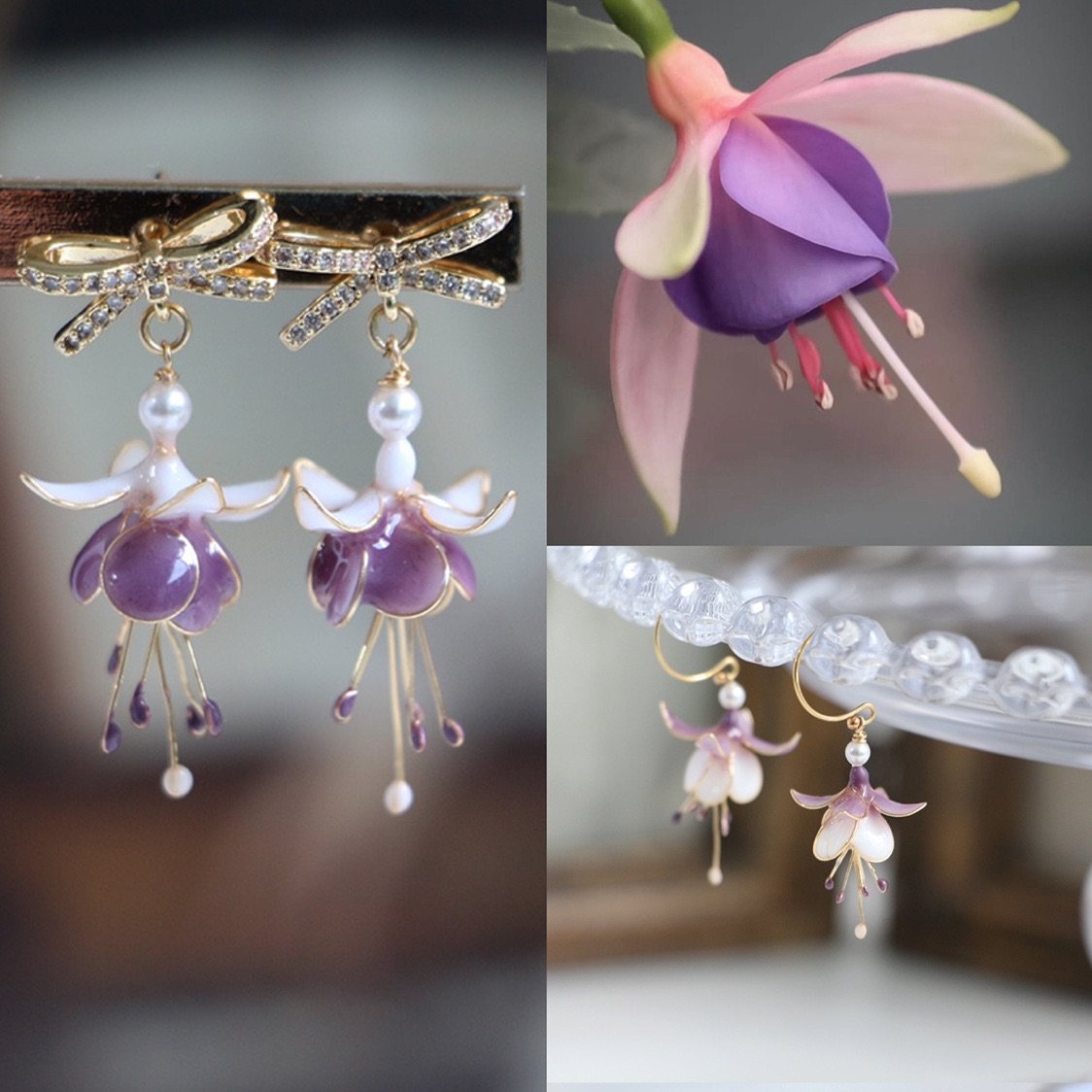 花水木木纯手工造花液耳钉倒挂金钟会跳舞的小精灵花朵耳饰品