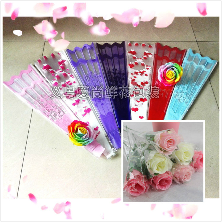 玫瑰花单只 双只包装袋 仿真花塑料透明爱心条纹包装袋 花店用品