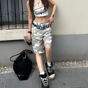 宽松显瘦阔腿百搭中裤 美式 新款 女2025夏季 辣妹灰白迷彩五分牛仔裤