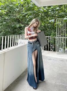 美式辣妹显高显瘦不规则开叉牛仔半身女夏新款设计感高腰撞色长裙
